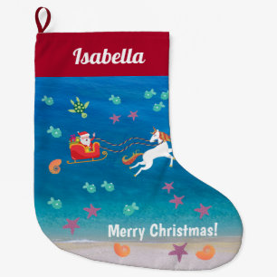 Grande Chaussette De Noël Plage Noël Tropical Starfish Père Noël Unicorn