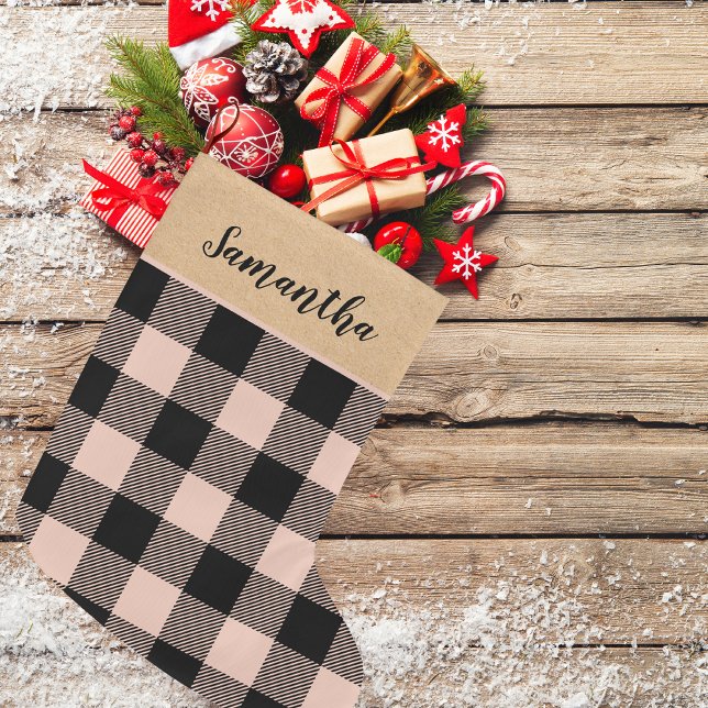 Grande Chaussette De Noël Plaid rose moderne et nom Noël (Créateur téléchargé)