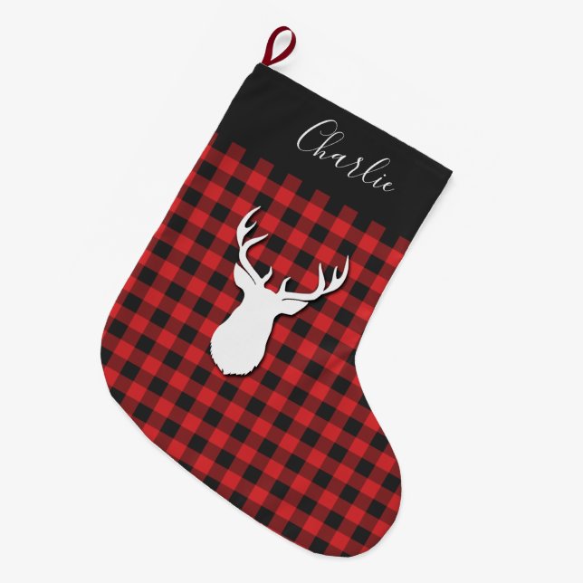 Grande Chaussette De Noël Plaid Rustique Script Christmas Deer Antlers (Devant (Accrochage))