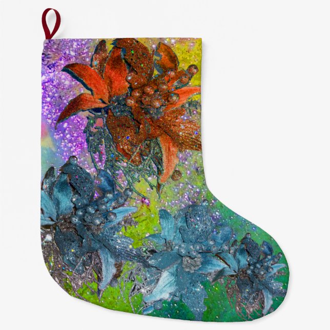 GRANDE CHAUSSETTE DE NOËL POINSETTIAS BLEU ROUGE, ÉTOILES DE NOËL, ÉTOILES D (Devant)
