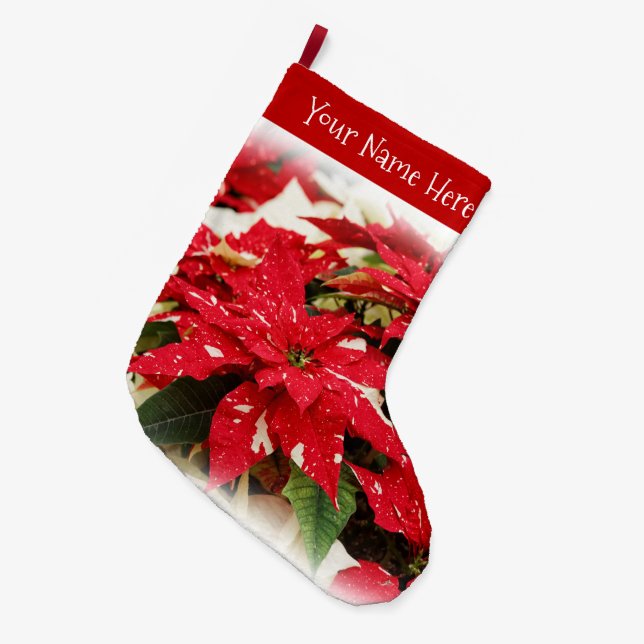 Grande Chaussette De Noël Poinsettias Festive Rouge Blanc Floral (Devant (Accrochage))