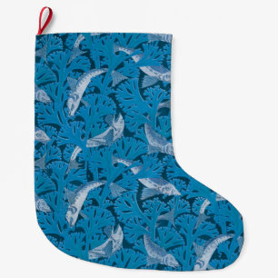 Grande Chaussette De Noël Poisson bleu vintage et algues : Art Nouveau Nauti