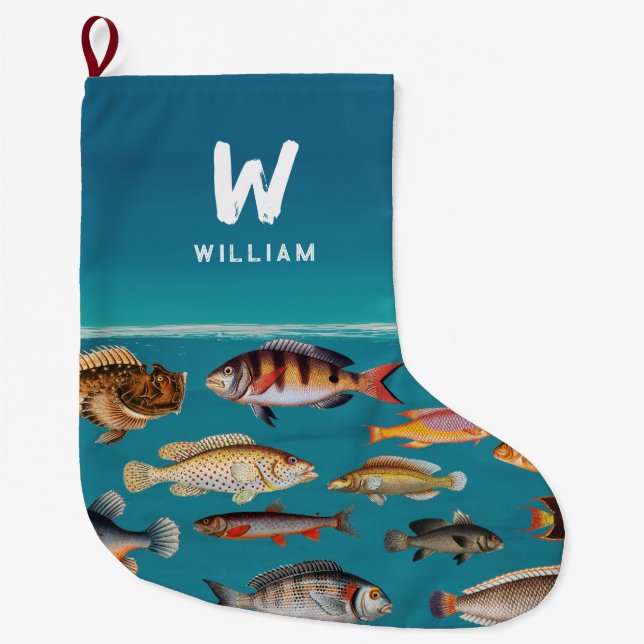 Grande Chaussette De Noël Poisson Coloré Monogramme Sous Océan Bleu (Devant)