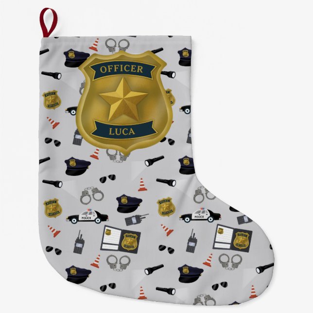 Grande Chaussette De Noël Police Themed Policeman Cop Officer Name (Devant)