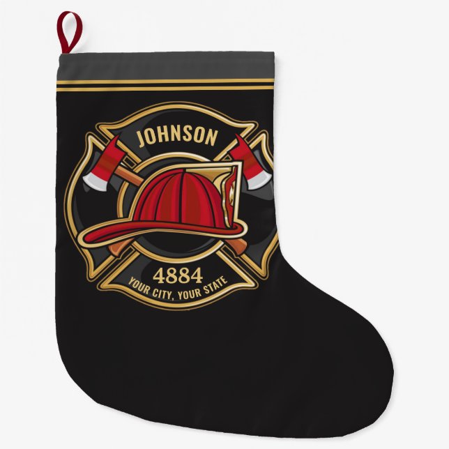 Grande Chaussette De Noël Pompier NOM Pompier Pompier Service de pompiers (Devant)
