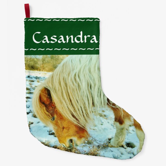 Grande Chaussette De Noël Pony, cheval de Noël dans la neige (Devant)