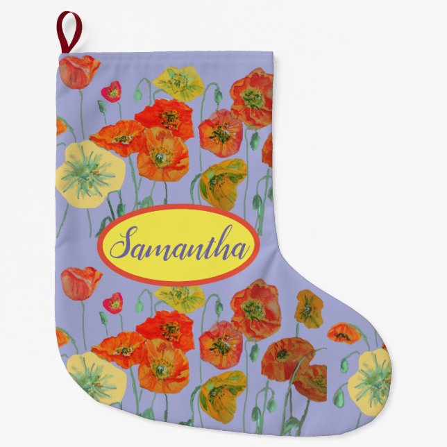 Grande Chaussette De Noël Poppies Orange Jaunes Fleurs Lilac Florales (Devant)