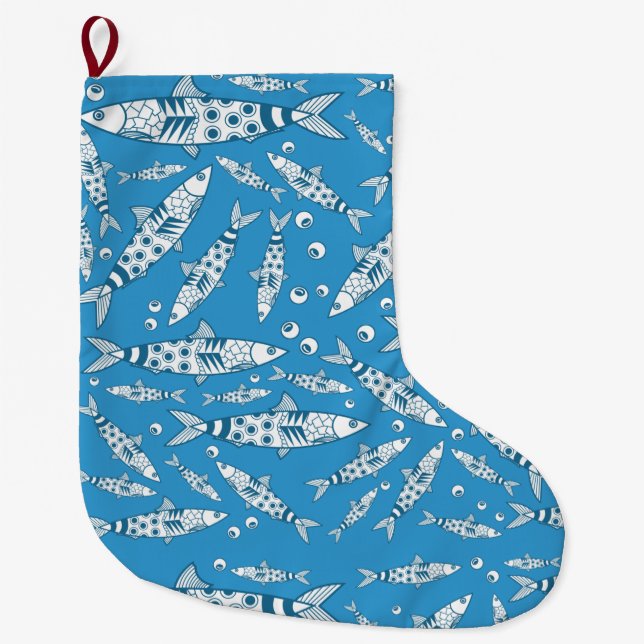 Grande Chaussette De Noël Portugais Lisbonne Sardines Motif Azulejos Bleu (Devant)