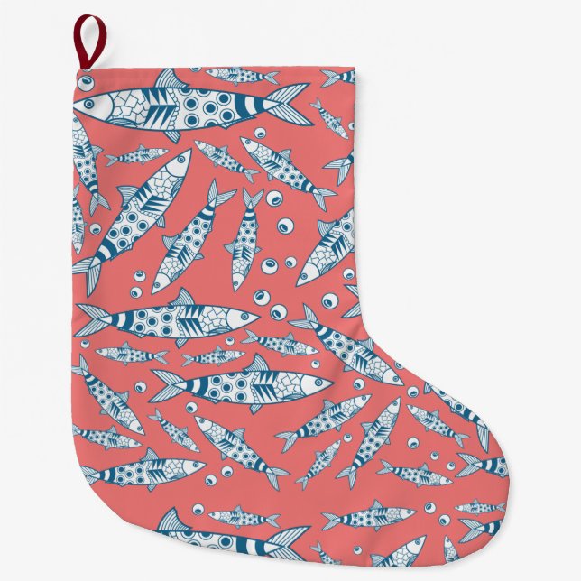 Grande Chaussette De Noël Portugais Lisbonne Sardines Motif Azulejos rose (Devant)