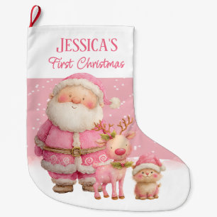 Grande Chaussette De Noël Premier Noël personnalisé rose double face