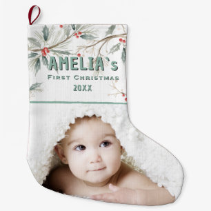 Grande Chaussette De Noël Première Noël de bébé personnalisée avec baie et p