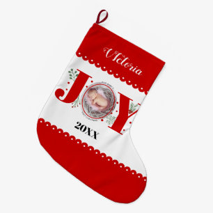 Grande Chaussette De Noël Première photo de Noël de bébé Joie rouge et baies