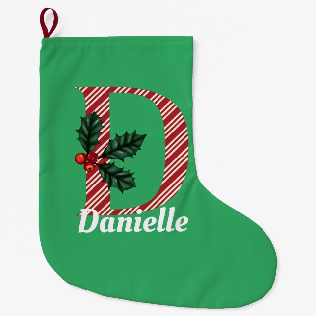 Grande Chaussette De Noël Rayure de Canne à Sucre Lettre D Grand Noël  (Devant)