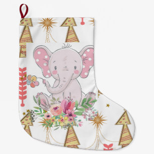 Grande Chaussette De Noël Récipiendaire de Noël, Arbres d'or éléphant Floral