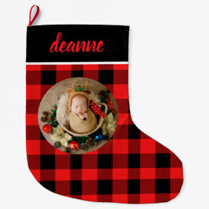 Grande Chaussette De Noël Red Buffalo Plaid Baby's First Christmas Photo
