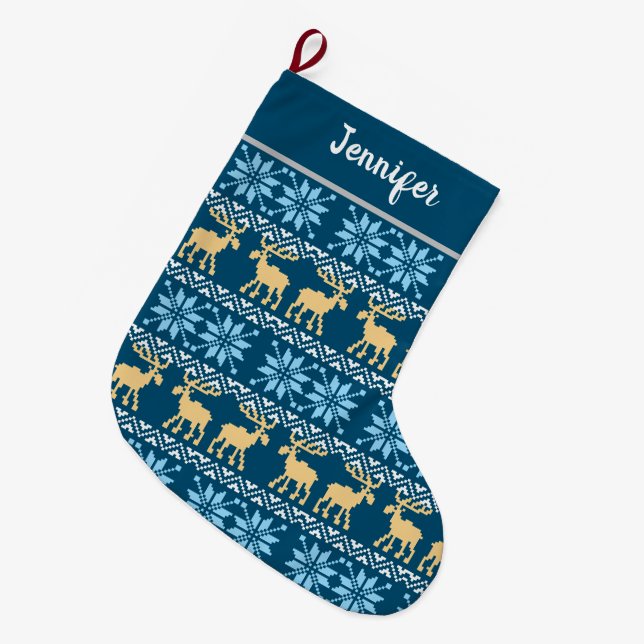 Grande Chaussette De Noël Red Christmas Snowflakes Elk Nordic Blue Motif (Devant (Accrochage))