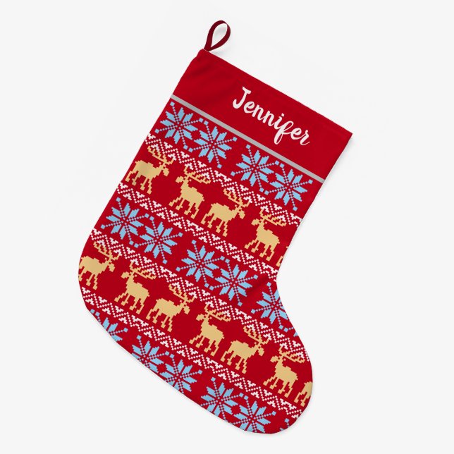 Grande Chaussette De Noël Red Christmas Snowflakes Elk Nordic Motif (Devant (Accrochage))