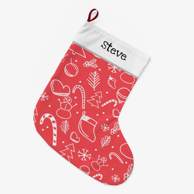 Grande Chaussette De Noël Red Doodle Christmas Pattern - Festive Holiday (Devant (Accrochage))