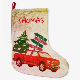 Grande Chaussette De Noël Red Farmhouse Truck Festive Rustic Country Vintage