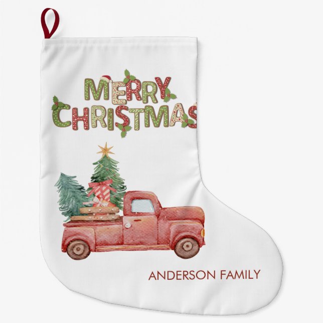 Grande Chaussette De Noël Red Truck Pine Tree présente Joyeux Noël (Devant)