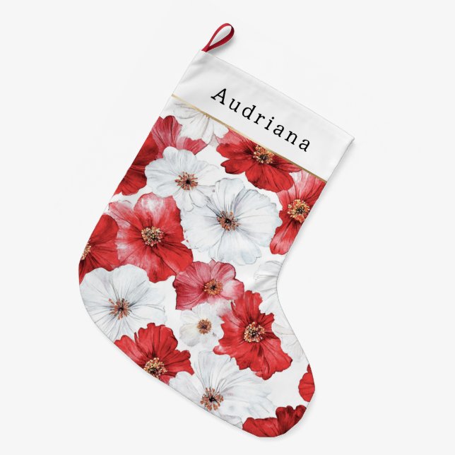 Grande Chaussette De Noël Red White Flowers Christmas (Devant (Accrochage))