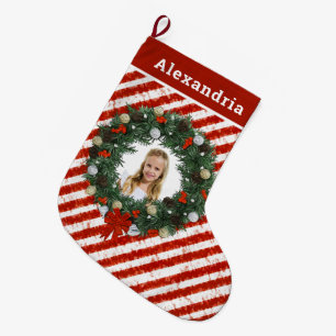 Grande Chaussette De Noël  Red White Stripes Photo Holidays Personnaliser