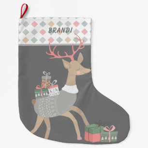 Grande Chaussette De Noël Reindeer présente la frontière Motif diamantaire