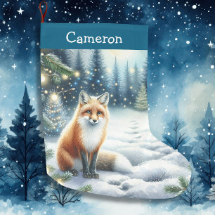 Grande Chaussette De Noël Renard lors d'une nuit d'hiver dans la Forêt Magiq