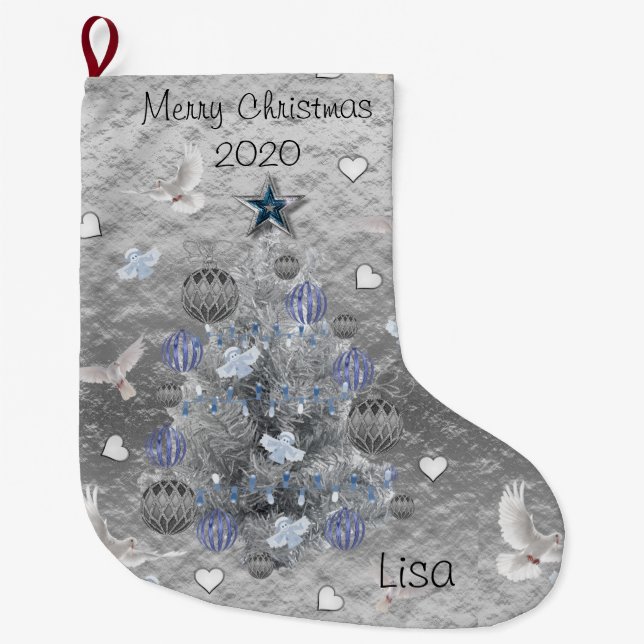 Grande Chaussette De Noël Réservoir de Noël, Arbre d'argent bleu de Noël (Devant)