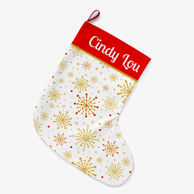 Grande Chaussette De Noël Retro Atomic Mid-Century Mod Red Gold Personnalisé (Devant (Accrochage))