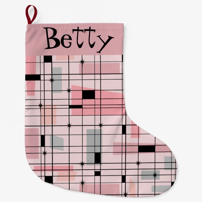 Grande Chaussette De Noël Rétro grille rose et bas de Noël de Starbursts (Devant)
