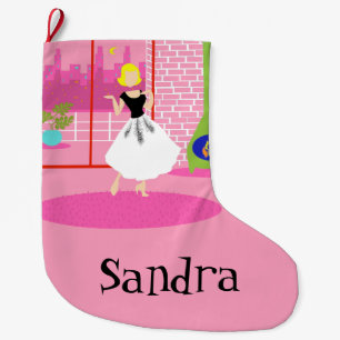 Grande Chaussette De Noël Retro personnalisable dans le réveil rose de Noë