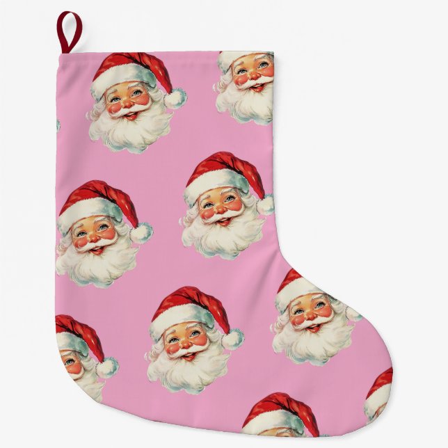 Grande Chaussette De Noël Retro Santa Face Christmas Pink (Devant)