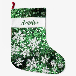 Grande Chaussette De Noël Rétro Snowflakes Green Christmas Personnalisé
