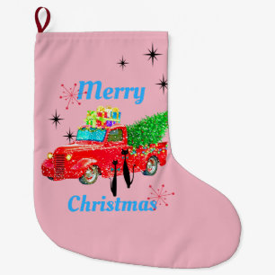 Grande Chaussette De Noël Rétros chats atomiques de cool d'ère et rose rou