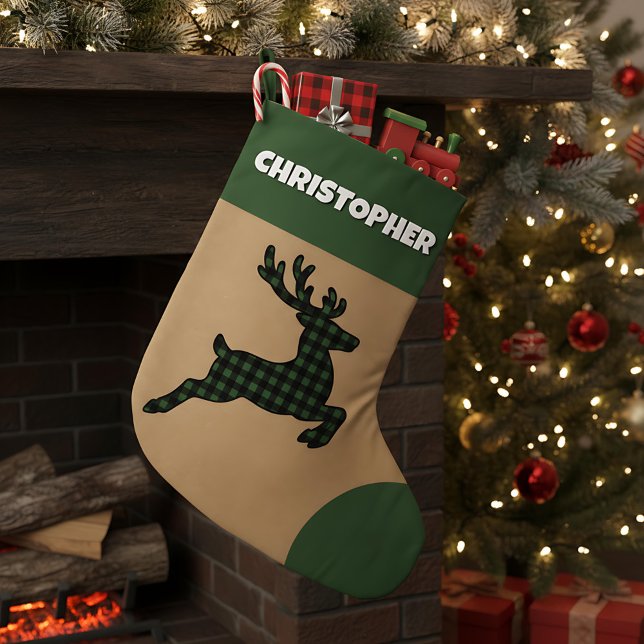 Grande Chaussette De Noël Rindeer Rustique Vert & Noir Plaid Nom personnalis (Créateur téléchargé)