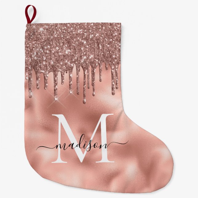 Grande Chaussette De Noël Rose métallique Monogramme Parties scintillant ros (Devant)