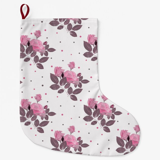 Grande Chaussette De Noël Roses roses et violets poussiéreux. (Devant)