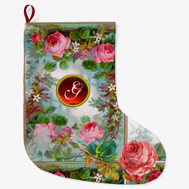 GRANDE CHAUSSETTE DE NOËL ROSES ROSES ROSES ROSES, JASMINES MONOGRAMME FLORA (Devant)