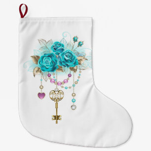 Grande Chaussette De Noël Roses turquoise avec touches