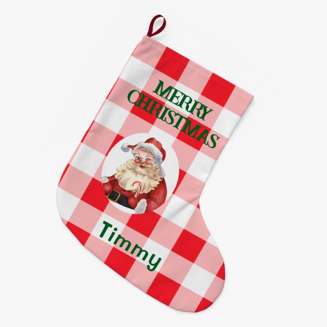 Grande Chaussette De Noël Rouge Blanc à carreaux de Noël  (Devant (Accrochage))