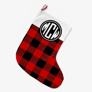 Grande Chaussette De Noël Rouge Buffle rouge Chèque Cercle Monogramme Police