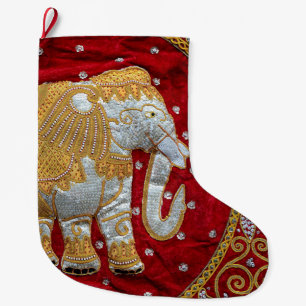 Grande Chaussette De Noël Rouge embelli et or d'éléphant d'Asie