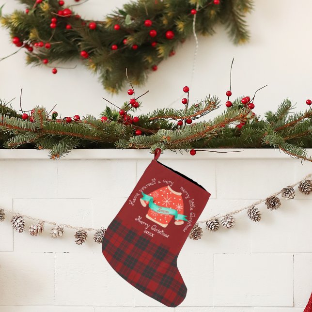 Grande Chaussette De Noël Rouge Noir Plaid Doux laide mou Joyeux Noël (Red Black Plaid Ugly Sweater Cute Merry Christmas Large Christmas Stocking)