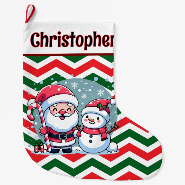 Grande Chaussette De Noël Rouge, Vert, Blanc Chevron Père Noël Et Snowman (Devant)