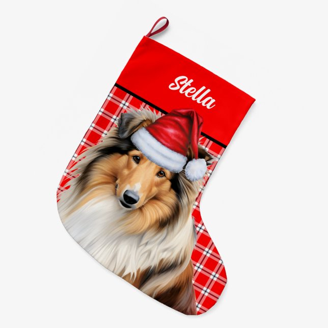 Grande Chaussette De Noël Rough Collie Dog Holiday Red Plaid Personnalisé (Devant (Accrochage))