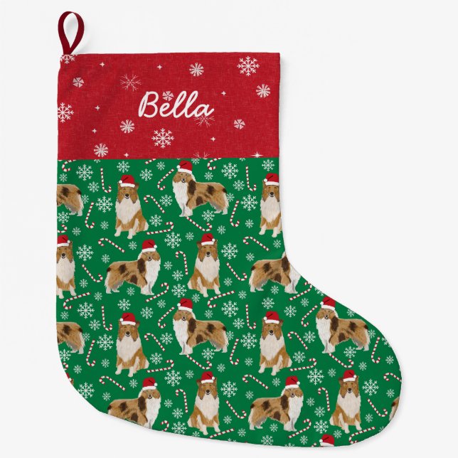 Grande Chaussette De Noël Rough Collie Nom de chien personnalisé Stocker (Devant)