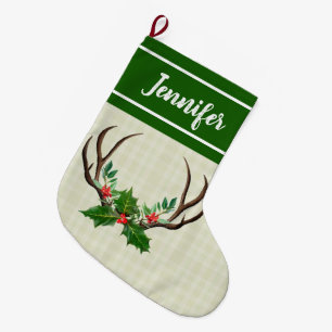 Grande Chaussette De Noël Russe Antlers Green Holly et Red Berries
