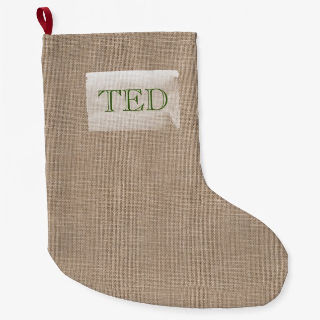 Grande Chaussette De Noël Rustique Linge naturel NOM de Noël rouge vert (Devant)
