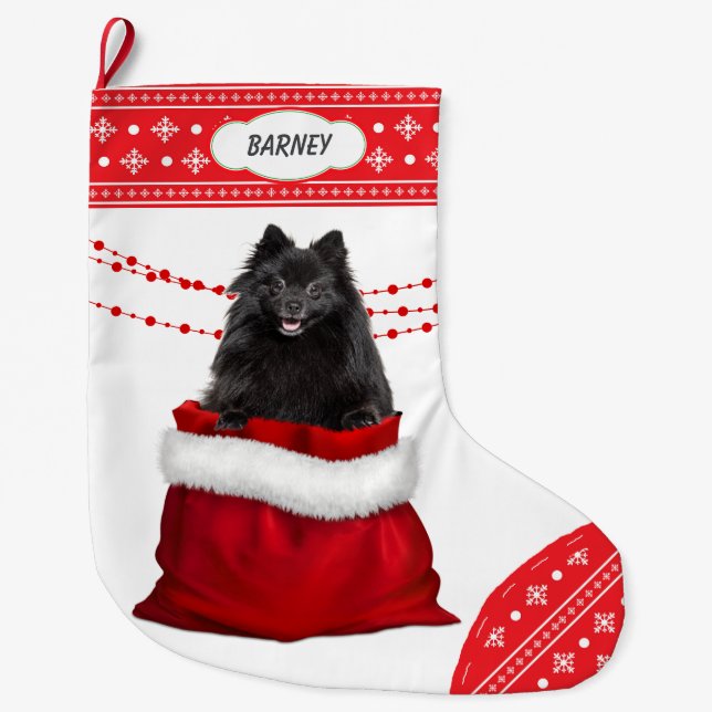 Grande Chaussette De Noël Sac cadeau Black Pomeranian Chien Snowflake Bordur (Devant)